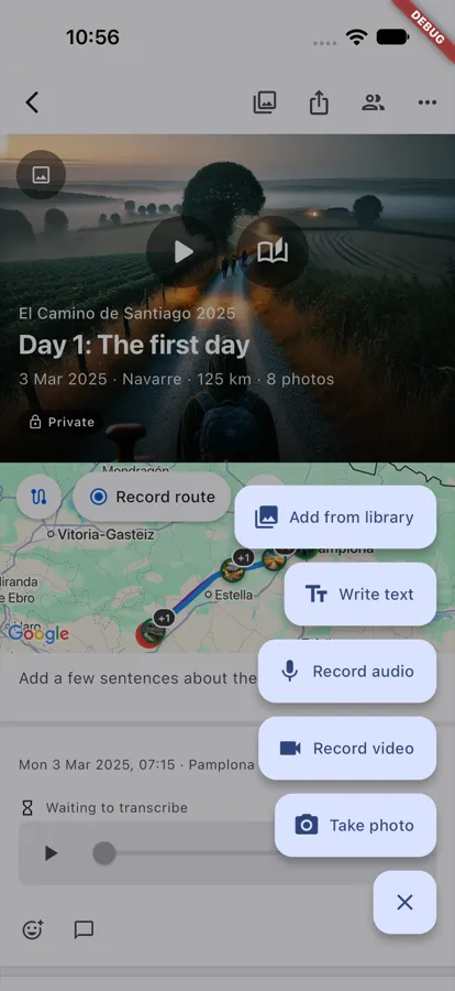 The add menu in the app