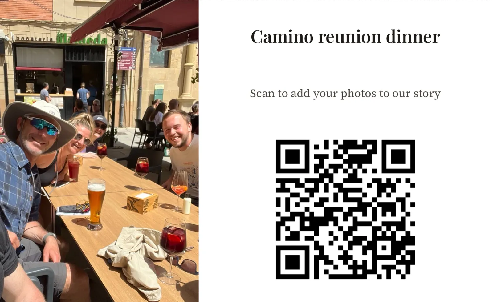 A table card to print and fold: its QR code opens the page where guests add their photos.