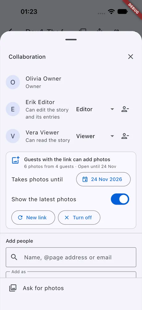 The guest link in Collaboration in the app
