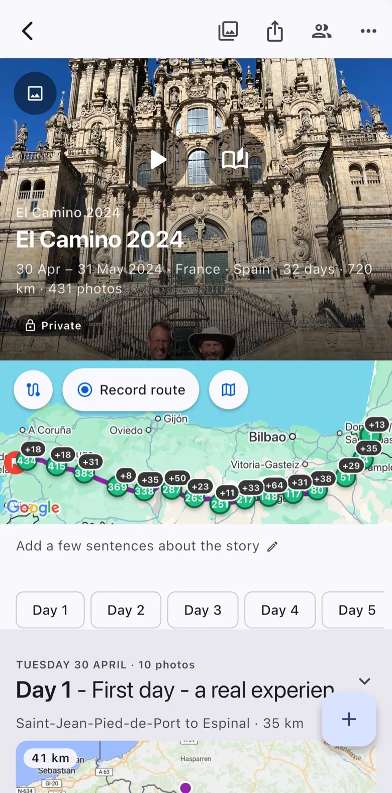 The MyStory app on an iPhone with the walk to Santiago open: the cover, the route and the first day.