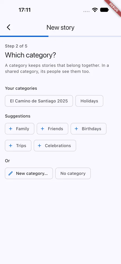 New story in the app: choosing a category from yours, the suggestions, a new one or none