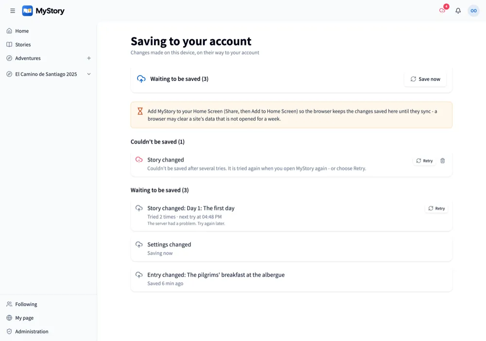 Saving to your account on the web: changes set aside, waiting for their next try, saving now and saved