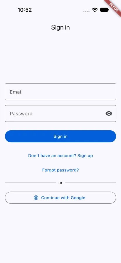The sign-in page in the app