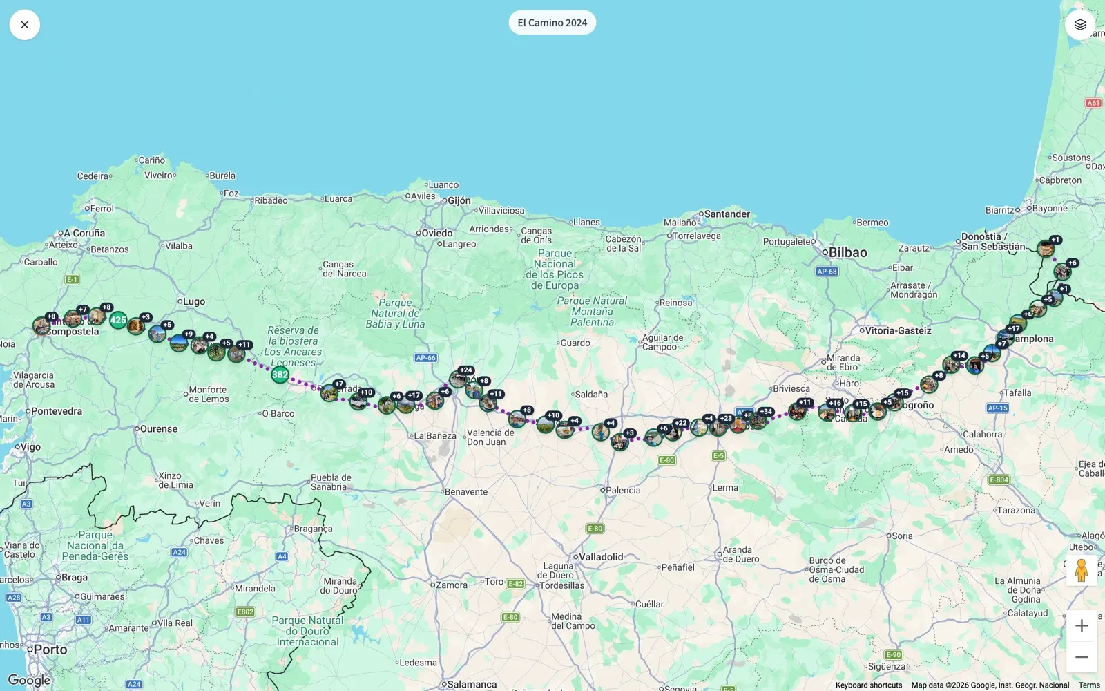 The whole route from France to Santiago on a map, with the photos where they were taken.